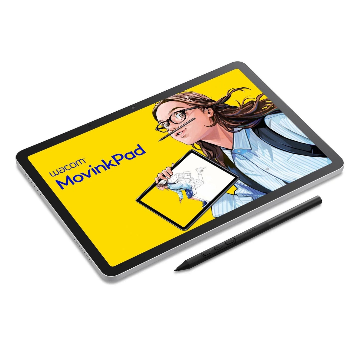 Wacom MovinkPad 11 tegneplade med skærm viser illustration af person med tablet og stylus velegnet til digital kunst.