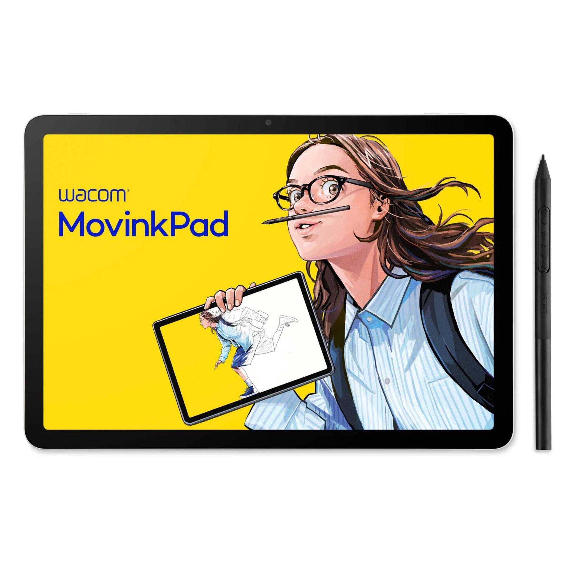 Wacom MovinkPad 11 tegneplade med skærm og stylus, illustreret kvinde med blyant, gul baggrund, "wacom MovinkPad"-tekst.