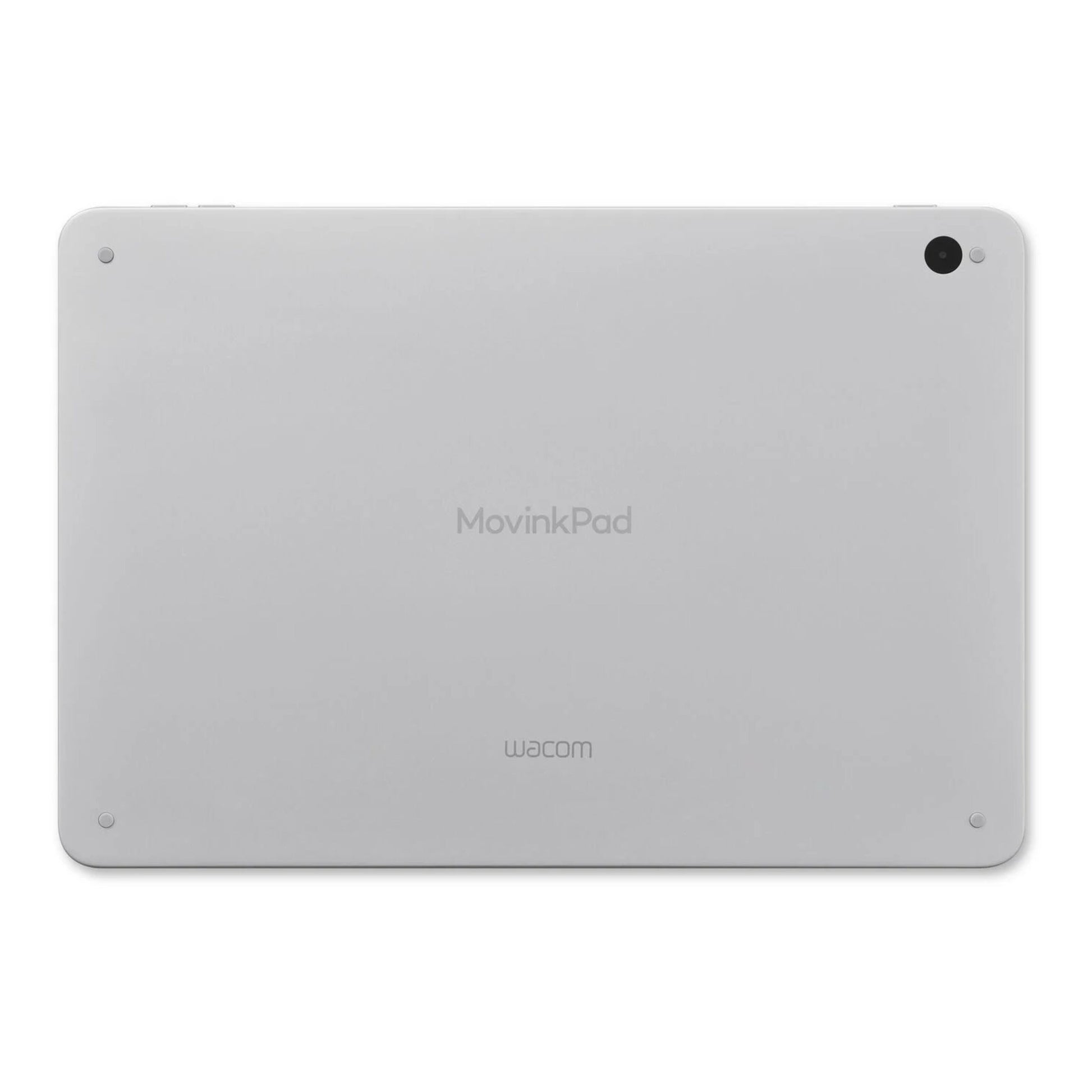 Wacom MovinkPad 11 tegneplade med skærm sølv bagside, sort MovinkPad-logo midtfor, Wacom-logo nederst, kamera øverst til højre.