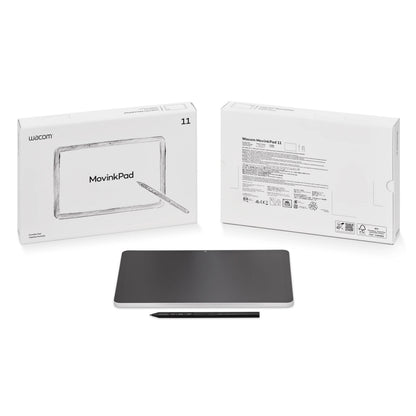Wacom MovinkPad 11 tegneplade med skærm, sort, inkl. stylus pen og to æsker med modelnavn og specifikationer.