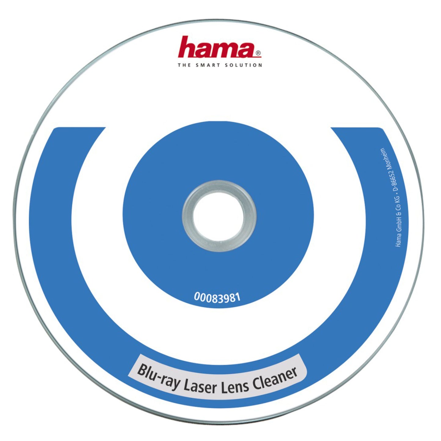 Hama Blu-ray linserensningsdisk med blå koncentrisk buer, teksten "blu-ray linserensning" og rødt Hama-logo øverst.
