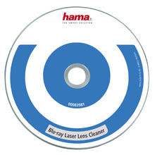 Hama Blu-ray linserensningsdisk med blå koncentrisk buer, teksten "blu-ray linserensning" og rødt Hama-logo øverst.