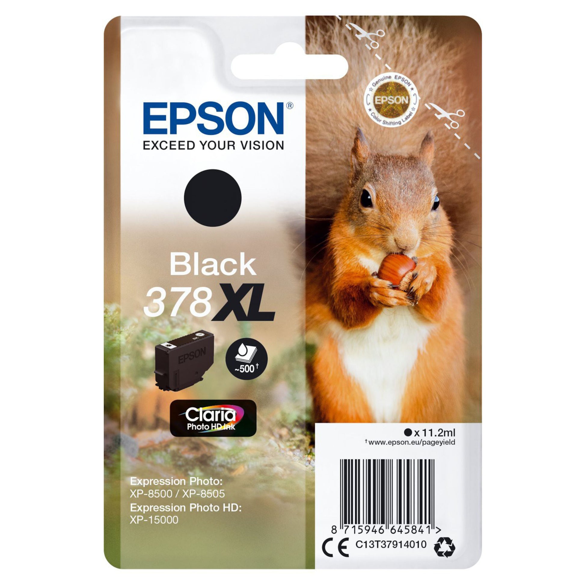 Epson T378 XL sort blækpatron, Claria Photo HD, kompatibel med Epson-printere, nødde-motiv med rød egern på æsken.