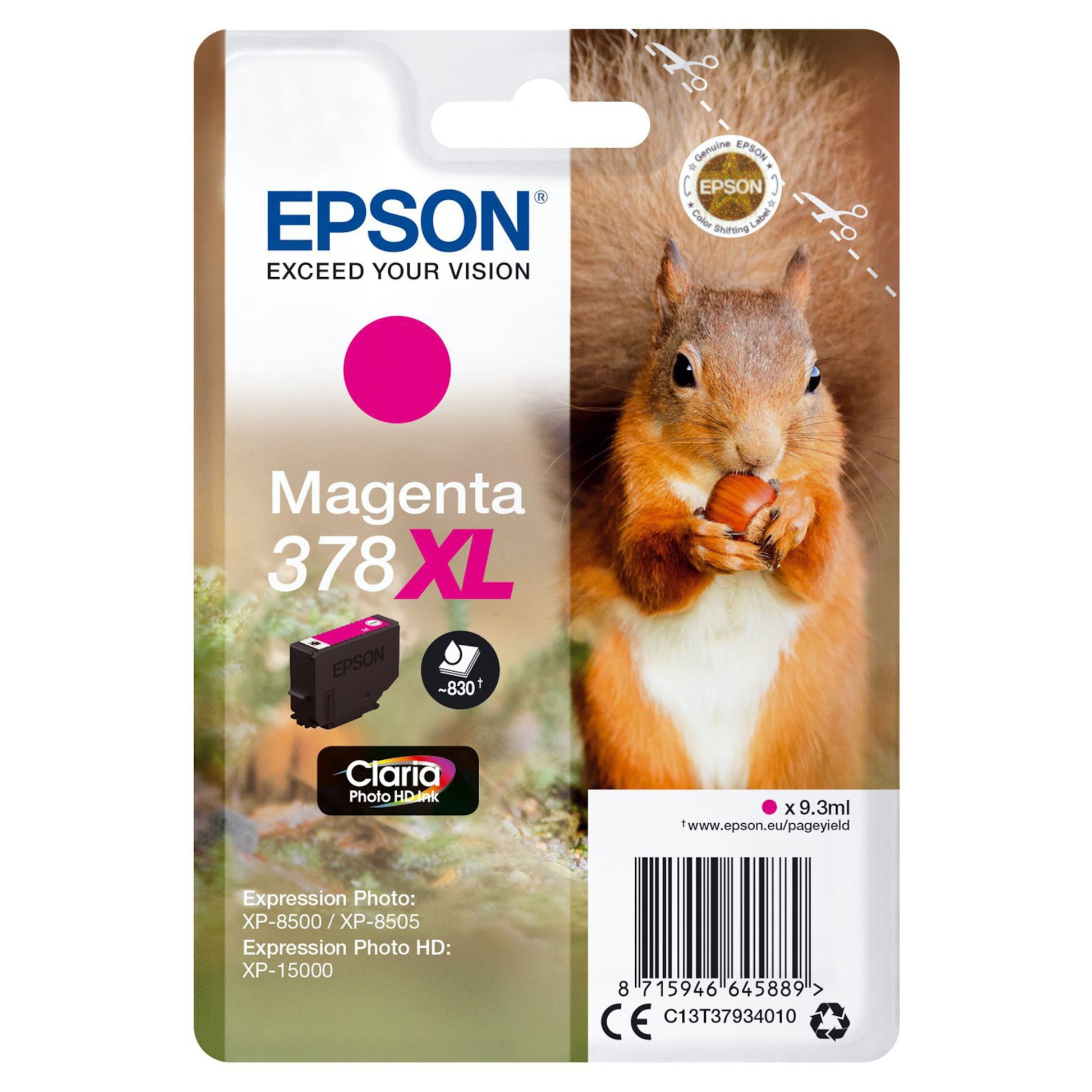 Epson T378 XL blækpatron magenta i lyserød emballage med produktinfo, stregkode og egern med nød.