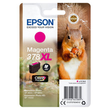 Epson T378 XL blækpatron magenta i lyserød emballage med produktinfo, stregkode og egern med nød.