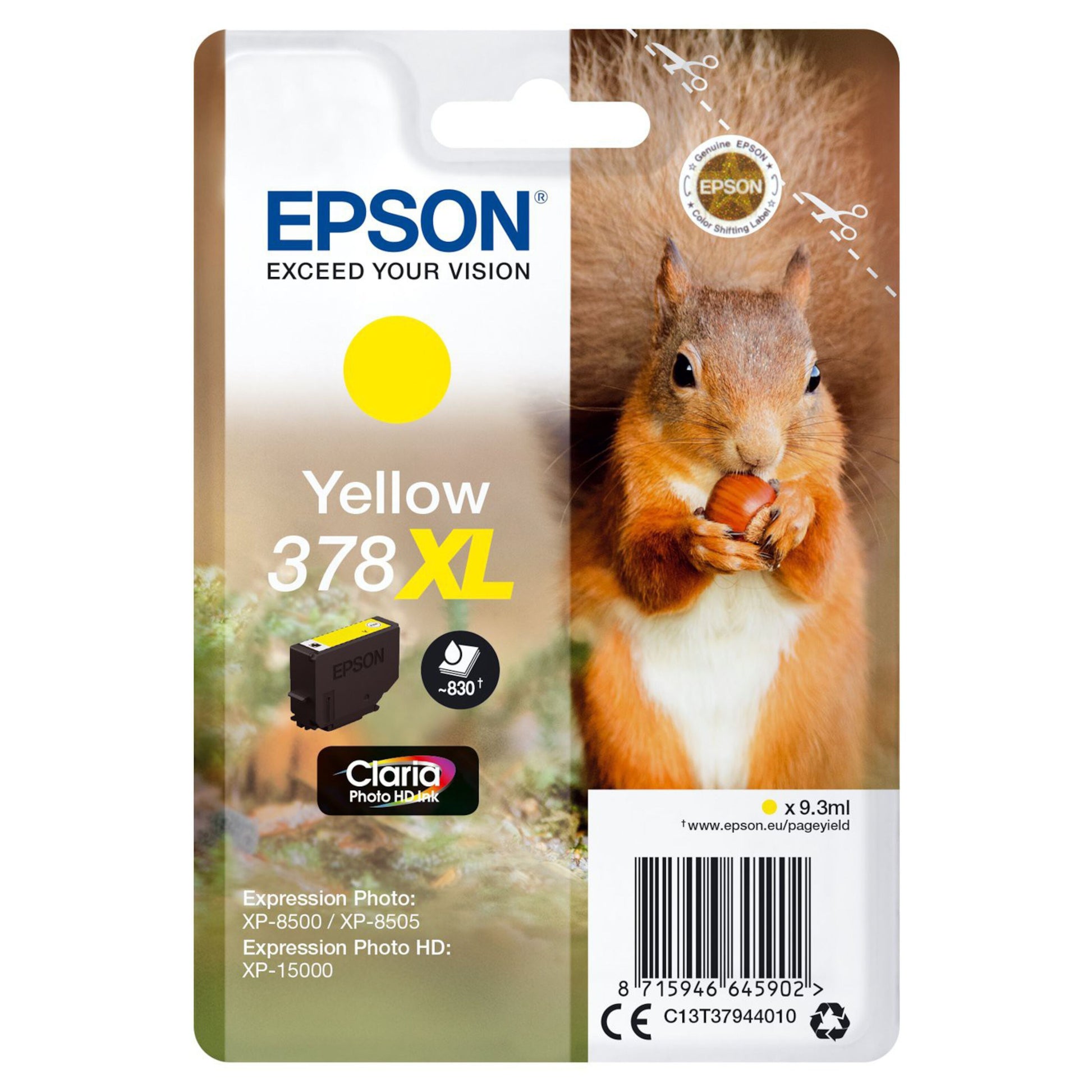 Epson T378 XL blækpatron gul i emballage med egern og nød, produktinfo og kompatibilitet synligt på forsiden.
