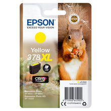 Epson T378 XL blækpatron gul i emballage med egern og nød, produktinfo og kompatibilitet synligt på forsiden.