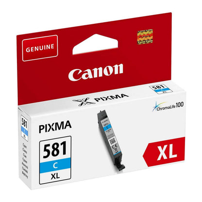 Canon CLI-581XL blækpatron cyan i rød og hvid æske med Canon-logo og Chromalife100 branding.
