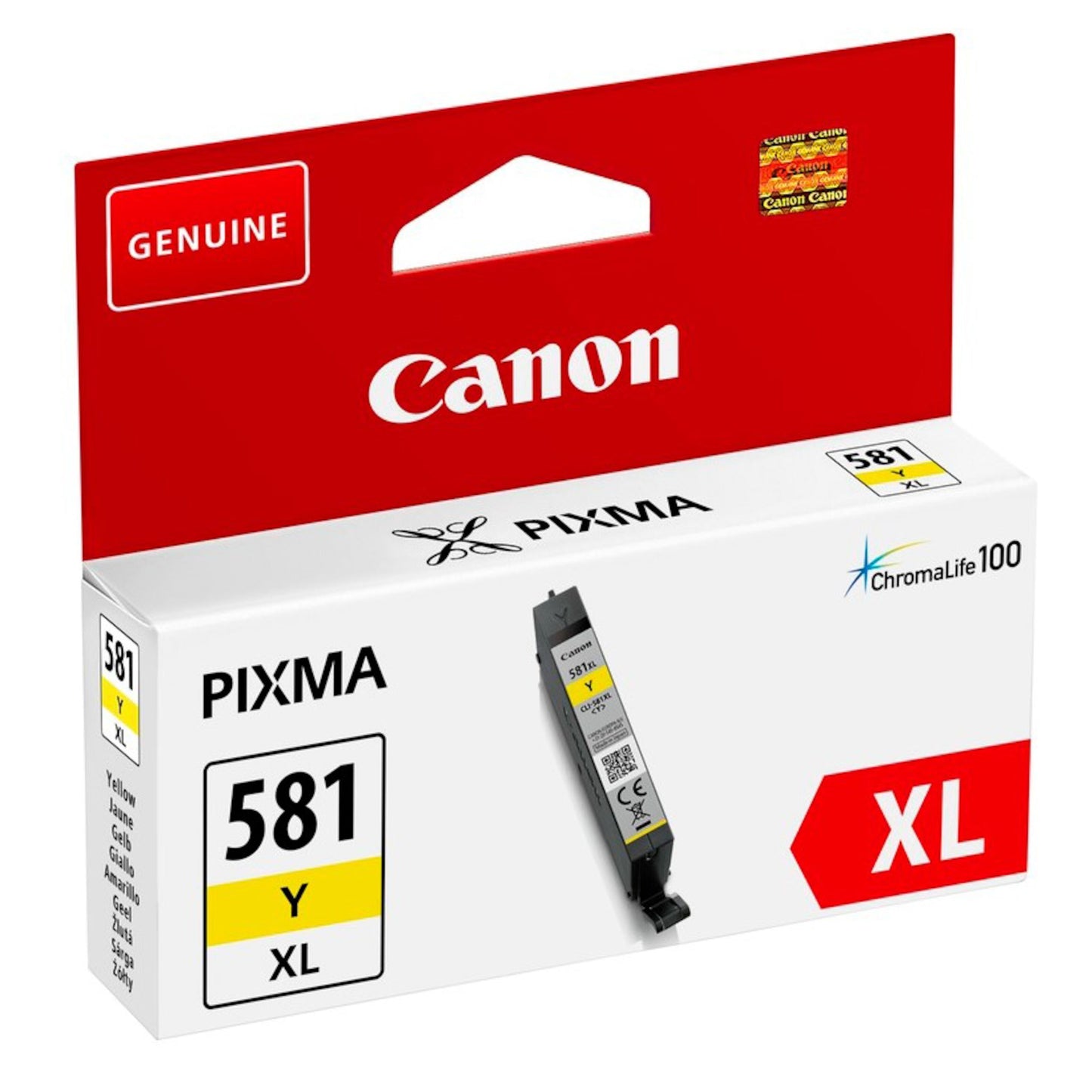 Canon CLI-581XL blækpatron gul i æske med rødt Canon-logo, produktdetaljer og billede af patron på forsiden.
