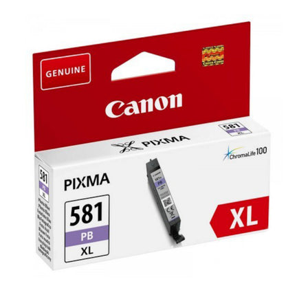 Canon CLI-581XL blækpatron fotoblå høj kapacitet ChromaLife100 rød og hvid emballage.