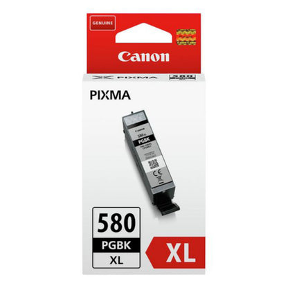 Canon PGI-580XL blækpatron sort æske med billede af sort patron, røde detaljer, Canon-logo og "Genuine"-tekst.