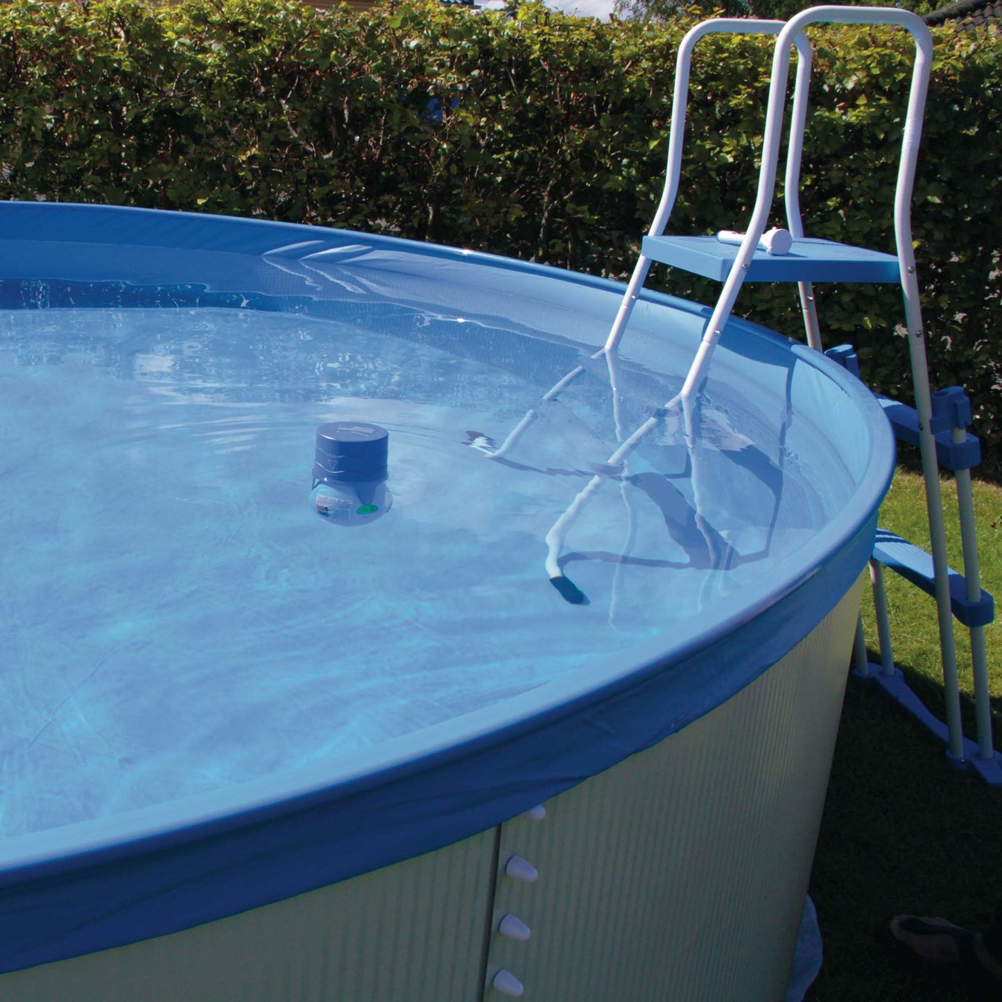Rund fritstående pool med klart vand, hvid stige og Easypool Mini Vandpleje beholder i vandet, grøn græsplæne bagved.