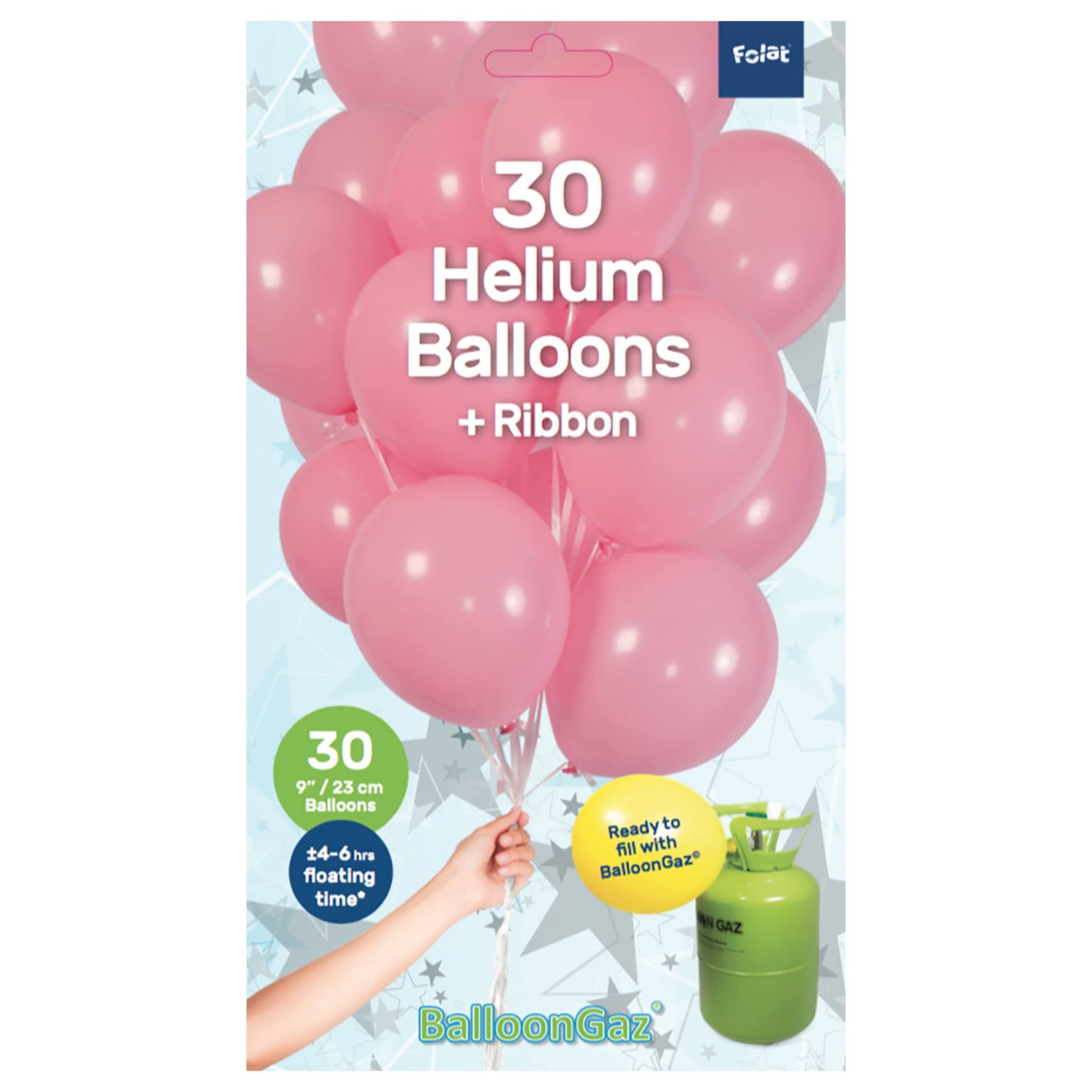 30-pak lyserøde latexballoner 9" med bånd og grøn heliumtank, klar til oppustning med BalloonGaz.