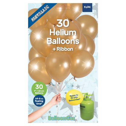 30-pak metallic guld latexballoner, 23 cm, holder 4-6 timer med helium, kompatibel med BalloonGaz heliumtanke.