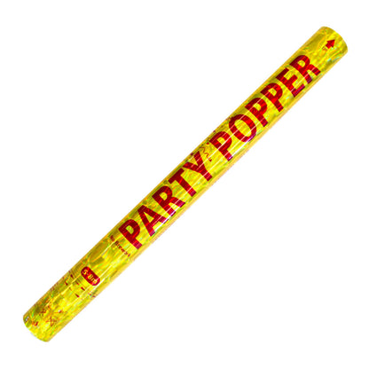 Konfettikanon XL, gul med rød PARTY POPPER-tekst, fyldt med guld papirstrimler.