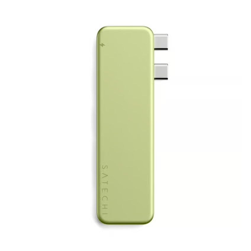 SATECHI USB-C Snap Hub Neo i citrusgrøn, seks porte, to USB-C-tilslutninger på den ene side til MacBook Neo.
