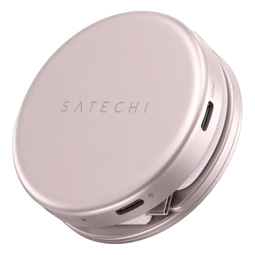 SATECHI OnTheGo 5-i-1 Neo-hub i rød, rund og rosaguld med synlig USB-C-port, til MacBook Neo.