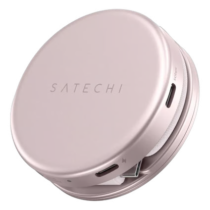 SATECHI OnTheGo 5-i-1 Neo-hub i rød, rund og rosaguld med synlig USB-C-port, til MacBook Neo.