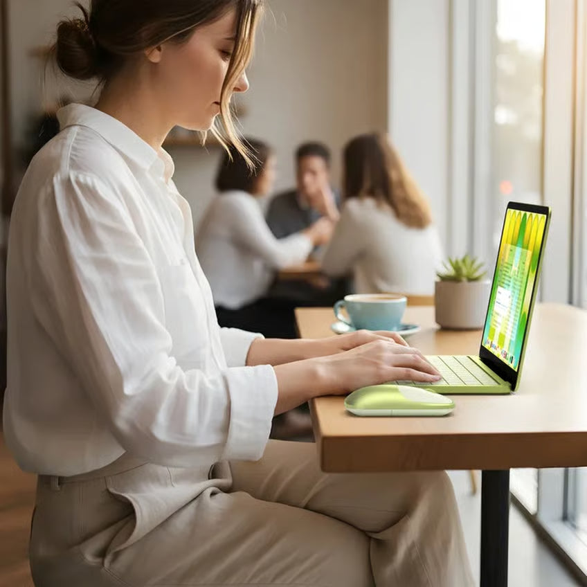 Satechi Slim EX Mus Citrus på et cafébord ved siden af en bærbar computer, en kaffekop og en lille plante.