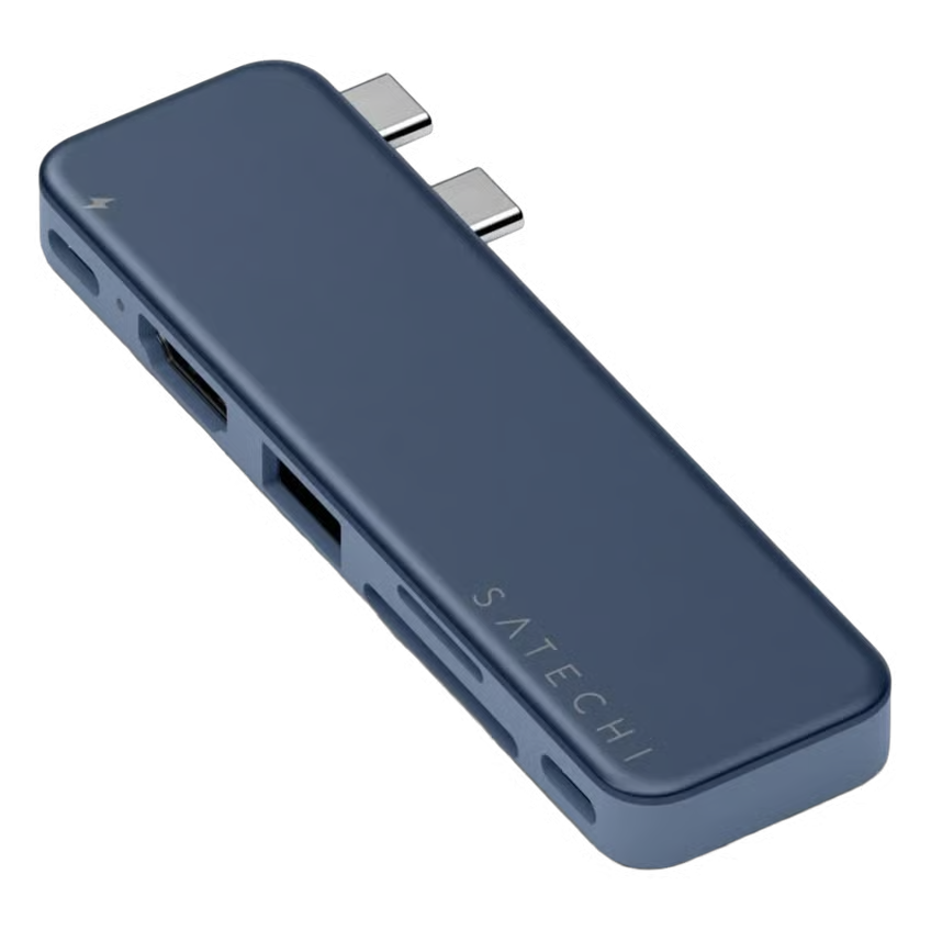 SATECHI USB-C Snap Hub Neo i indigo med 6 porte, herunder USB, HDMI, SD-kort og 2 USB-C-stik til MacBook Neo.