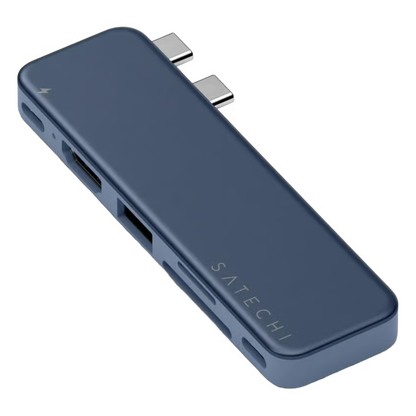 SATECHI USB-C Snap Hub Neo i indigo med 6 porte, herunder USB, HDMI, SD-kort og 2 USB-C-stik til MacBook Neo.