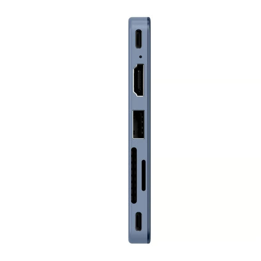 Satechi USB-C Snap Hub Neo Indigo, set fra siden med USB, HDMI, SD-kortlæser og to mindre porte.