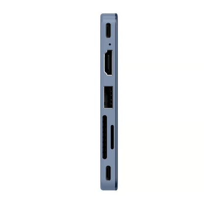 Satechi USB-C Snap Hub Neo Indigo, set fra siden med USB, HDMI, SD-kortlæser og to mindre porte.