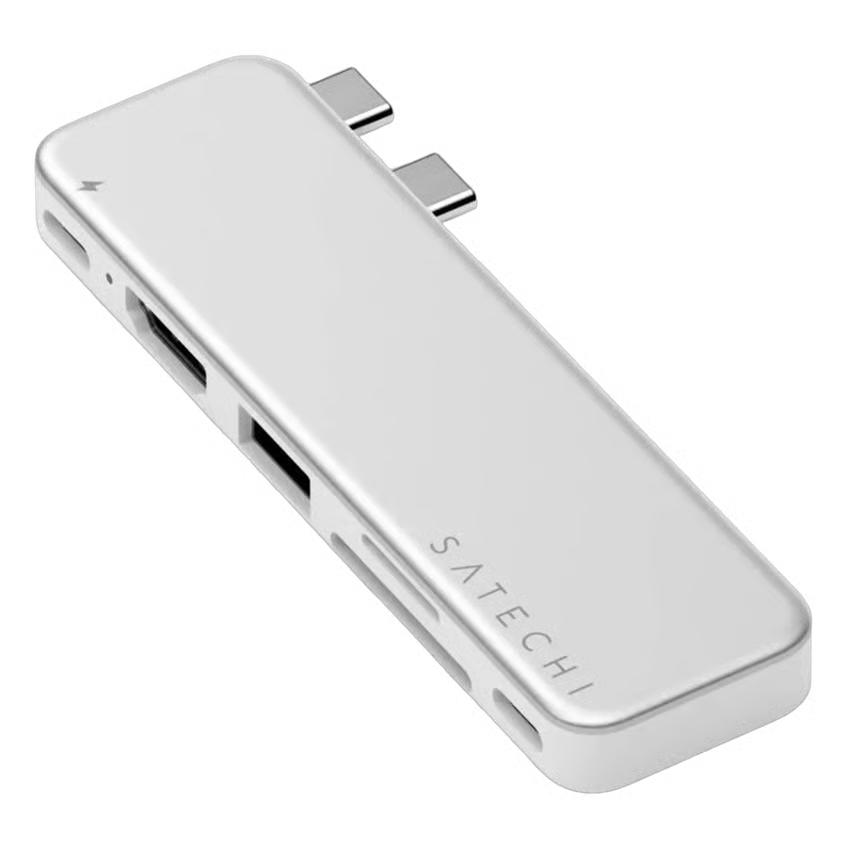 SATECHI USB-C Snap Hub Neo i sølv med 6 porte, herunder USB, HDMI og SD-kortlæsere til MacBook Neo.