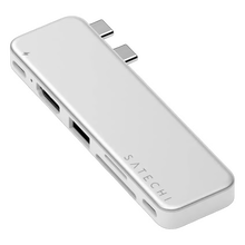 SATECHI USB-C Snap Hub Neo i sølv med 6 porte, herunder USB, HDMI og SD-kortlæsere til MacBook Neo.
