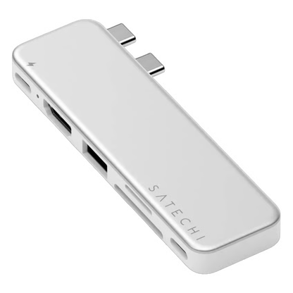SATECHI USB-C Snap Hub Neo i sølv med 6 porte, herunder USB, HDMI og SD-kortlæsere til MacBook Neo.