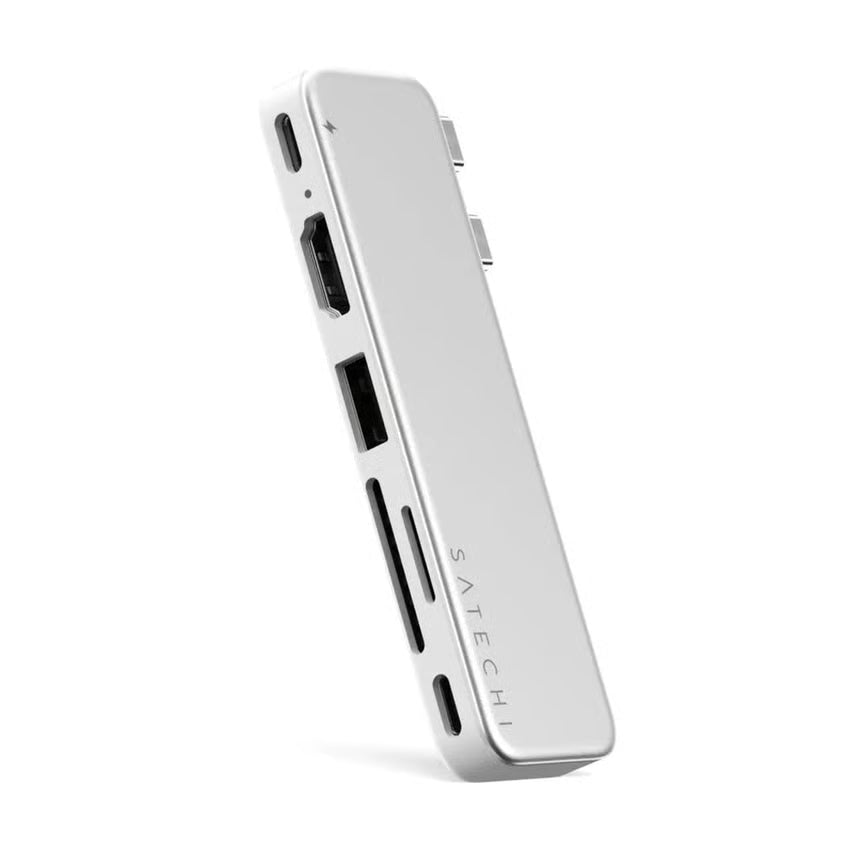 Satechi USB-C Snap Hub Neo i sølv med 6 porte: USB, HDMI, Ethernet og SD-kortlæser til MacBook Neo.