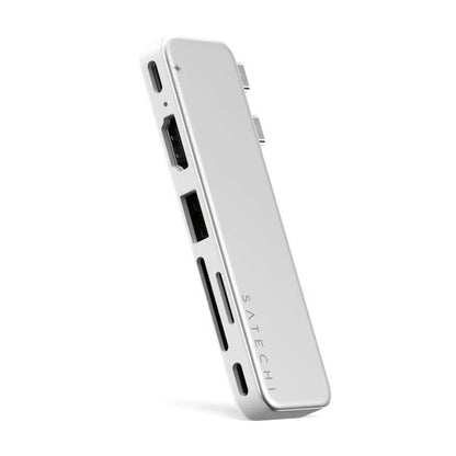 Satechi USB-C Snap Hub Neo i sølv med 6 porte: USB, HDMI, Ethernet og SD-kortlæser til MacBook Neo.
