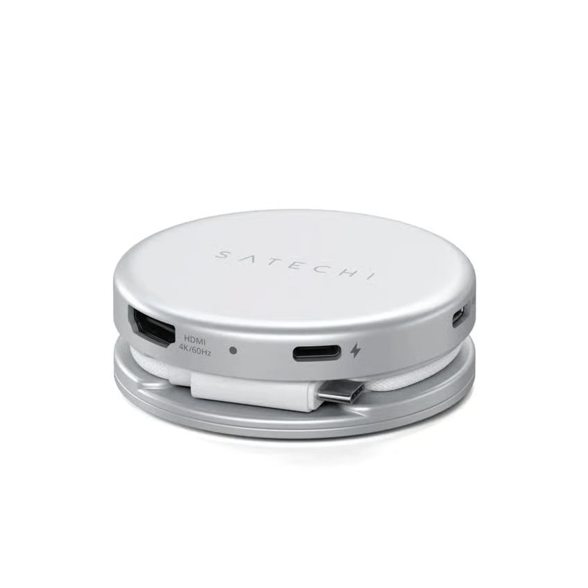 SATECHI OnTheGo 5-i-1 Neo USB-C-hub, sølvfarvet, rund, kompakt til MacBook Neo med 4K HDMI, USB-C og flere porte, med indbygget kabel.