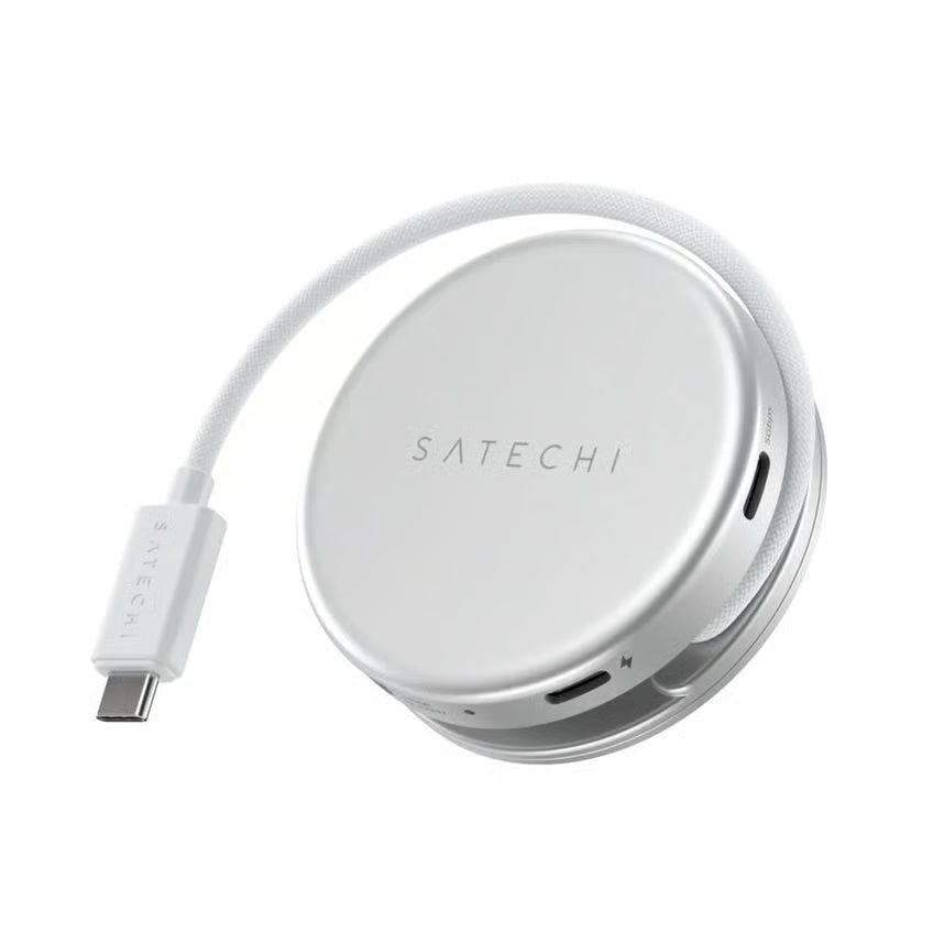SATECHI OnTheGo 5-i-1 Neo-hub i sølv, rund med flettet kabel rundt om, synlige porte, herunder 4K HDMI, logo på toppen.