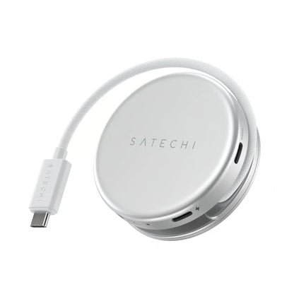SATECHI OnTheGo 5-i-1 Neo-hub i sølv, rund med flettet kabel rundt om, synlige porte, herunder 4K HDMI, logo på toppen.