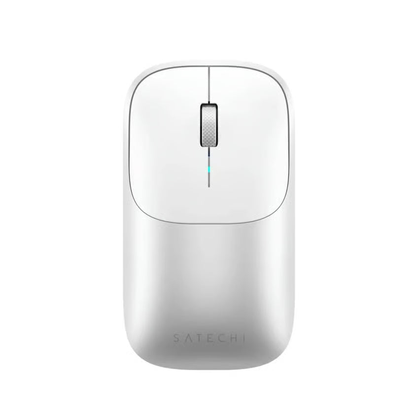 Satechi Slim EX trådløs mus i sølv, Bluetooth 5.3, rullehjul, set ovenfra, SATECHI-logo nederst.