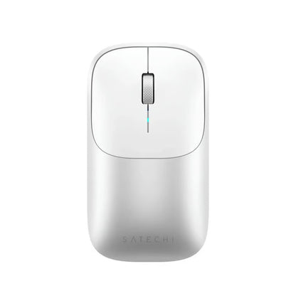 Satechi Slim EX trådløs mus i sølv, Bluetooth 5.3, rullehjul, set ovenfra, SATECHI-logo nederst.