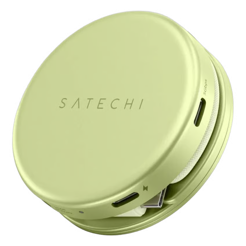 SATECHI OnTheGo 5-i-1 Neo Tech-organizer i farven Citrus, rund, lysegrøn, med lynlås, flere porte til opladning og opbevaring.
