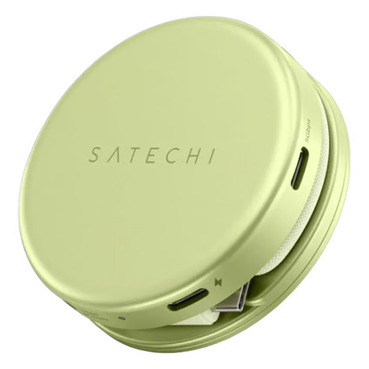 SATECHI OnTheGo 5-i-1 Neo Tech-organizer i farven Citrus, rund, lysegrøn, med lynlås, flere porte til opladning og opbevaring.