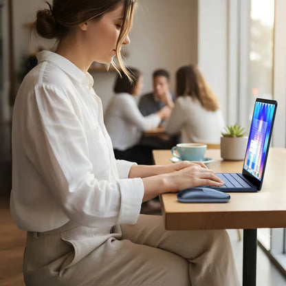 SATECHI Slim EX Mus Indigo i brug sammen med en bærbar computer på et cafébord, med en synlig kaffekop og en lille plante.