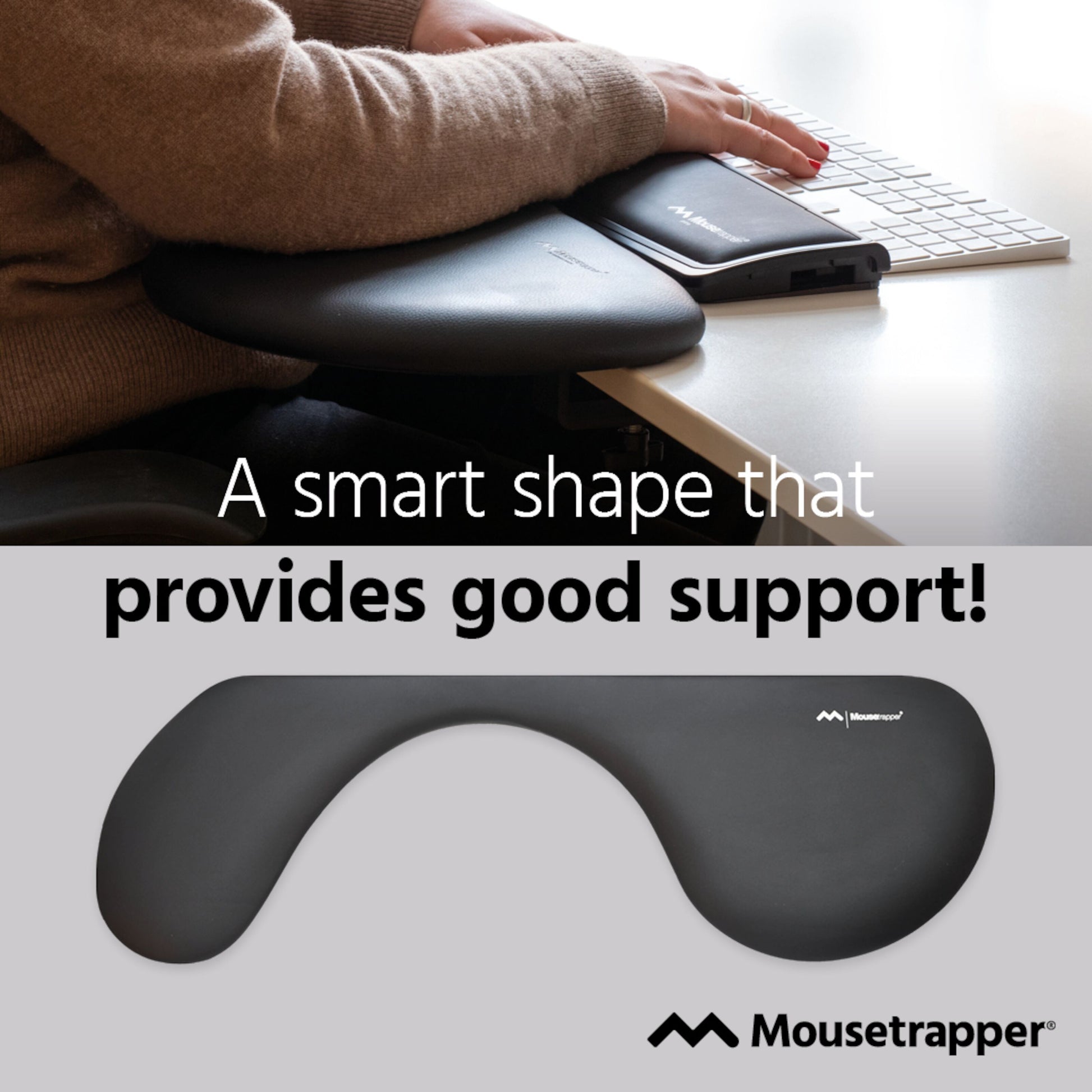 Mousetrapper TB215 underarmsstøtte sort, buet design, synligt Mousetrapper-logo og tekst: En smart form, der giver god støtte.