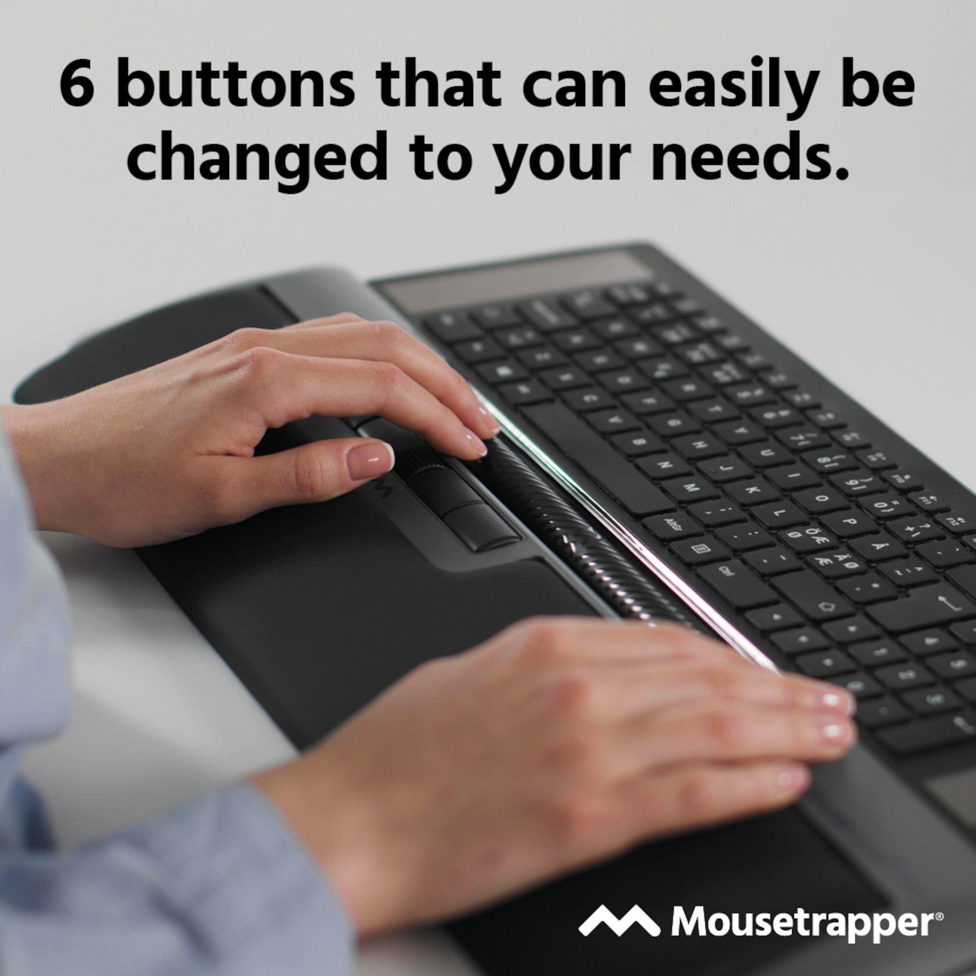 Mousetrapper Delta Extended tastatur med integreret ergonomisk mus, 6 programmerbare knapper, Mousetrapper-logo.