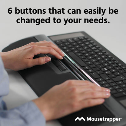 Mousetrapper Delta Extended tastatur med integreret ergonomisk mus, 6 programmerbare knapper, Mousetrapper-logo.