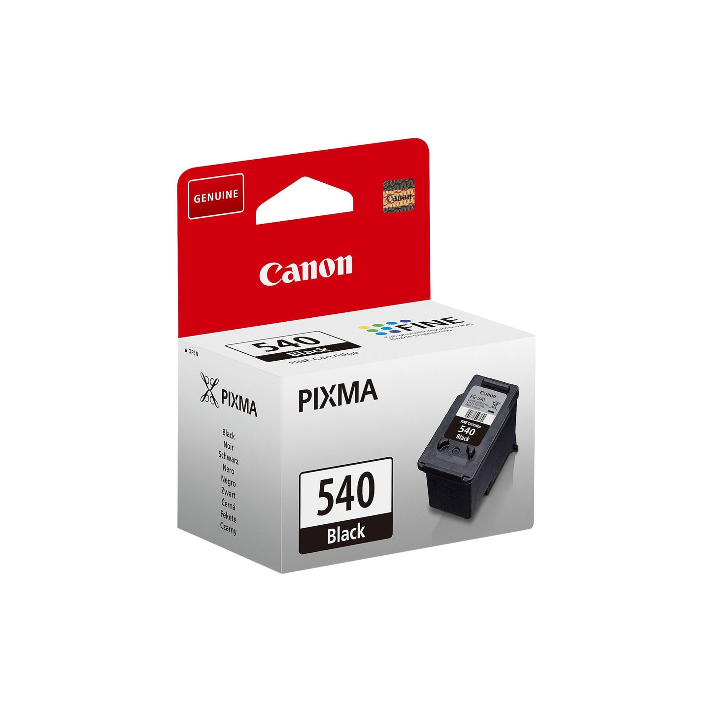 Canon PG-540 sort blækpatron i rød-hvid æske med Canon-logo.
