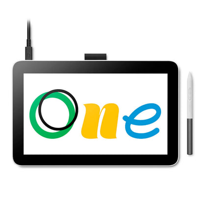 Wacom One 12-tommer sort touchpen-display tablet med kabel, stylus og farverigt One-logo.