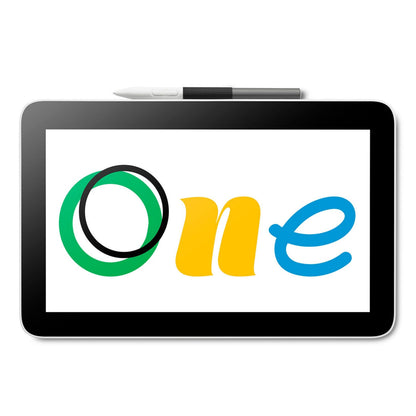 Wacom One 12-tommer touchpen-display med stylus, viser "One" i farver: O grøn/sort, n gul, e blå.
