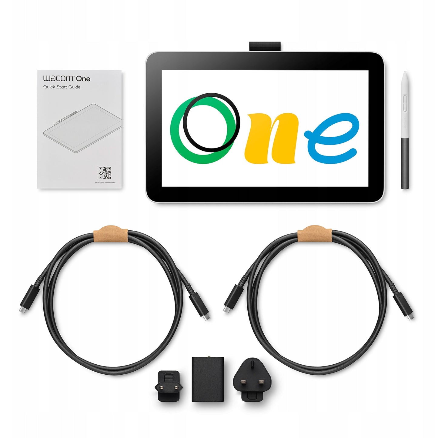 Wacom One 12-tommer bærbar tegneskærm med pen, quick start guide, 2 USB-kabler, strømforsyning og stikadaptere.