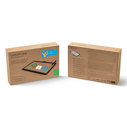 Wacom En 12-tommers bærbar computer æsker, billede af touch display foran, bagside med funktioner til fotoredigering og digitalkunst.
