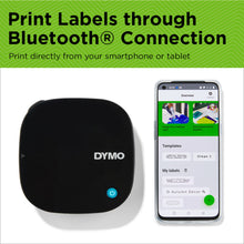 Dymo LetraTag 200B trådløs etiketprinter ved siden af smartphone med label-app, Bluetooth-funktion vises.