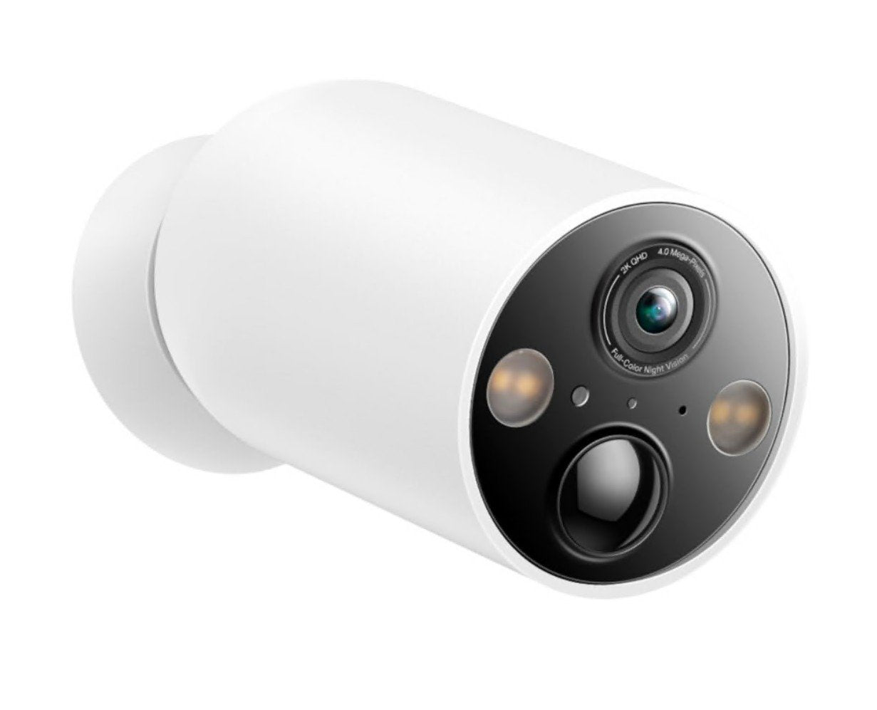 4 stk. hvide TP-Link Tapo C425 overvågningskameraer, sort front med central linse, batteridrevne, 2K QHD.